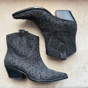 Jessica Simpson‎ 9 M Black Rhinestone Western Ankle Boots Pointed Toe Block Heel